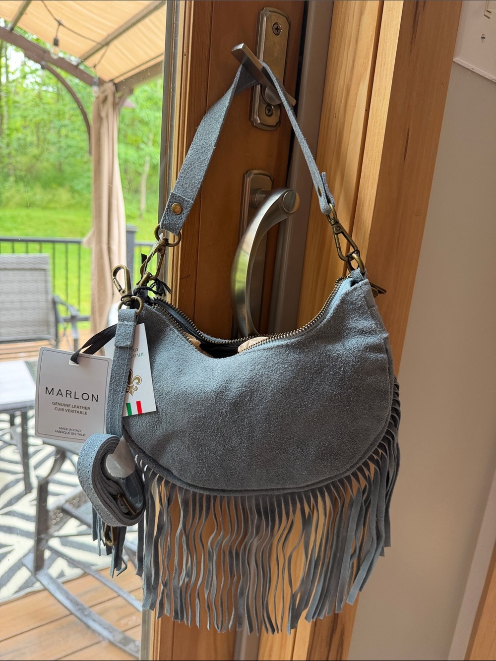 Suede Fringe Shoulder Bag in Dusty Blue - Picture 1 of 3